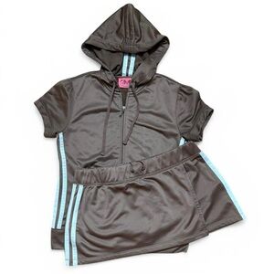 🤎🩵 AUTHENTIC VINTAGE JUICY COUTURE SHORT SLEEVE HOODIE JACKET AND SKORT SET